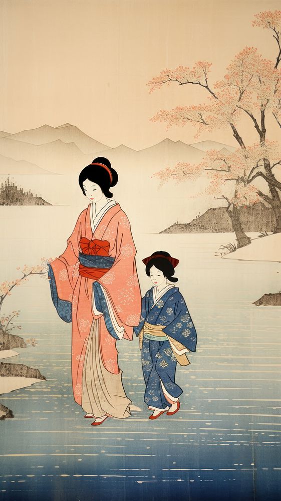 Illustration of river mother and son kimono adult robe.