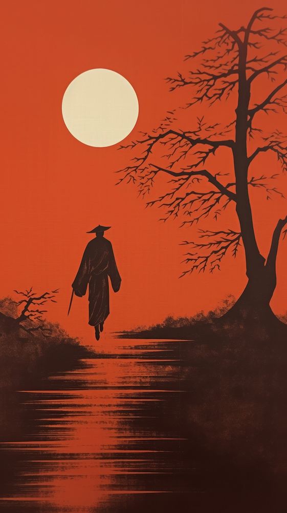 Illustration of monk walking outdoors painting nature.