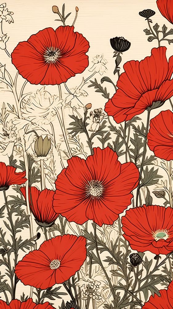 Illustration of wildflower pattern poppy plant.