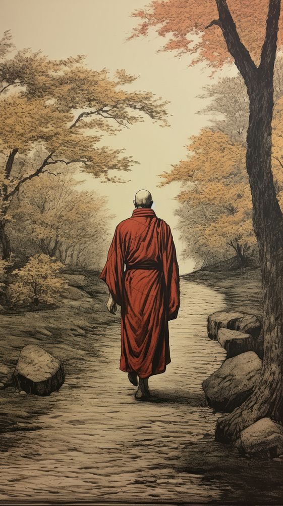Illustration of monk walking painting adult art.