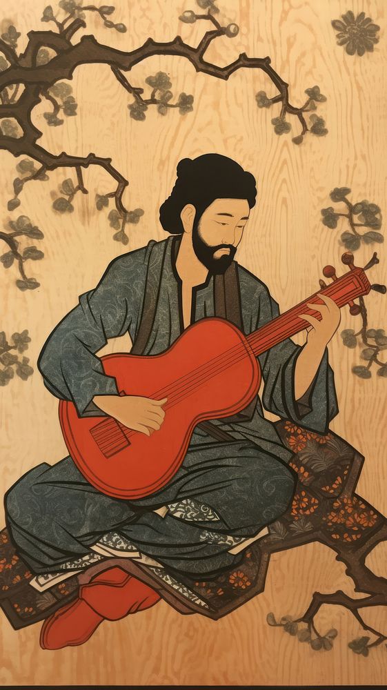 Illustration of man play music drawing cartoon guitar.