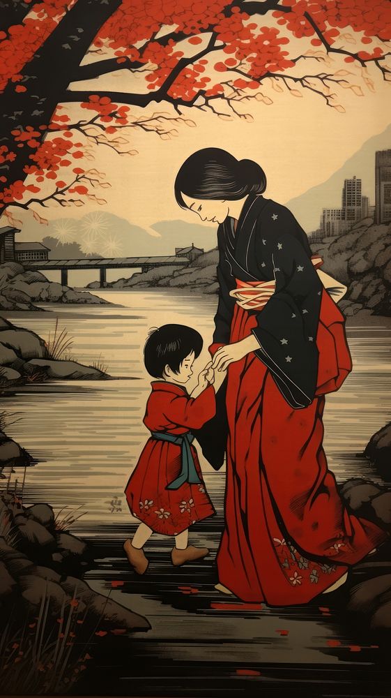 Illustration of river mother and son adult robe togetherness.