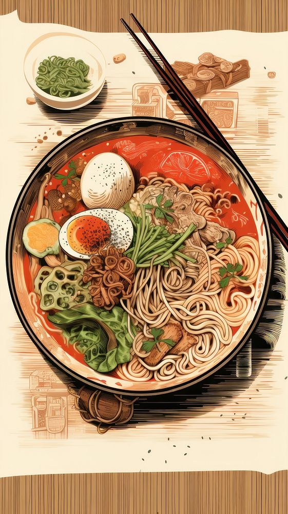 Illustration of ramen chopsticks plate food.