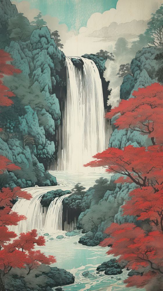 PNG Illustration of waterfall outdoors painting nature.