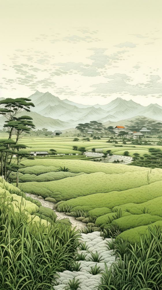 Illustration of paddy field vegetation landscape outdoors.