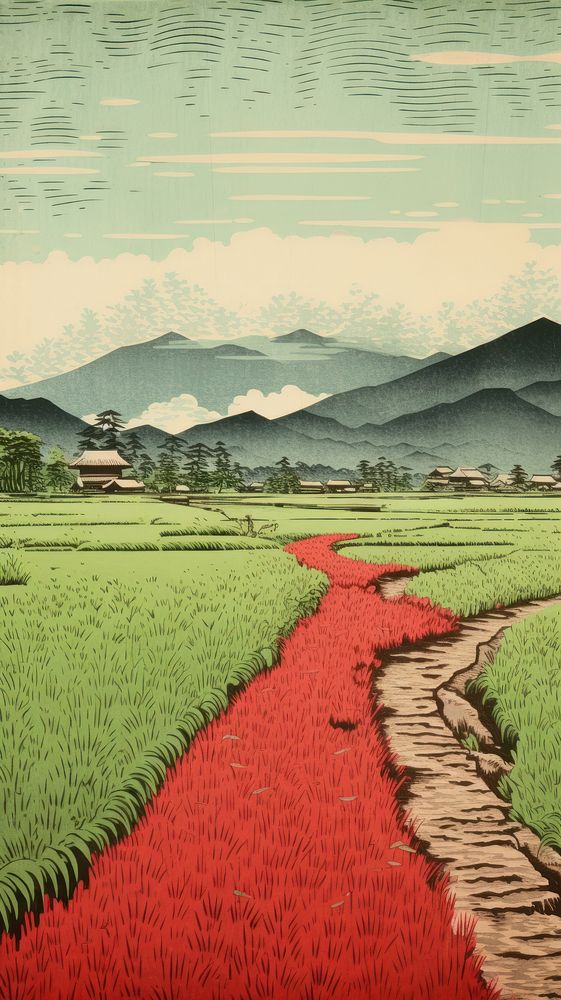 Illustration of paddy field agriculture landscape outdoors.
