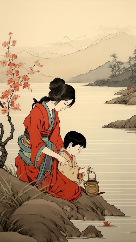 Illustration of river mother and son adult robe togetherness.