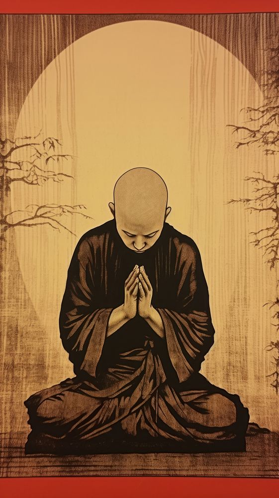 Illustration of monk praying adult art representation.
