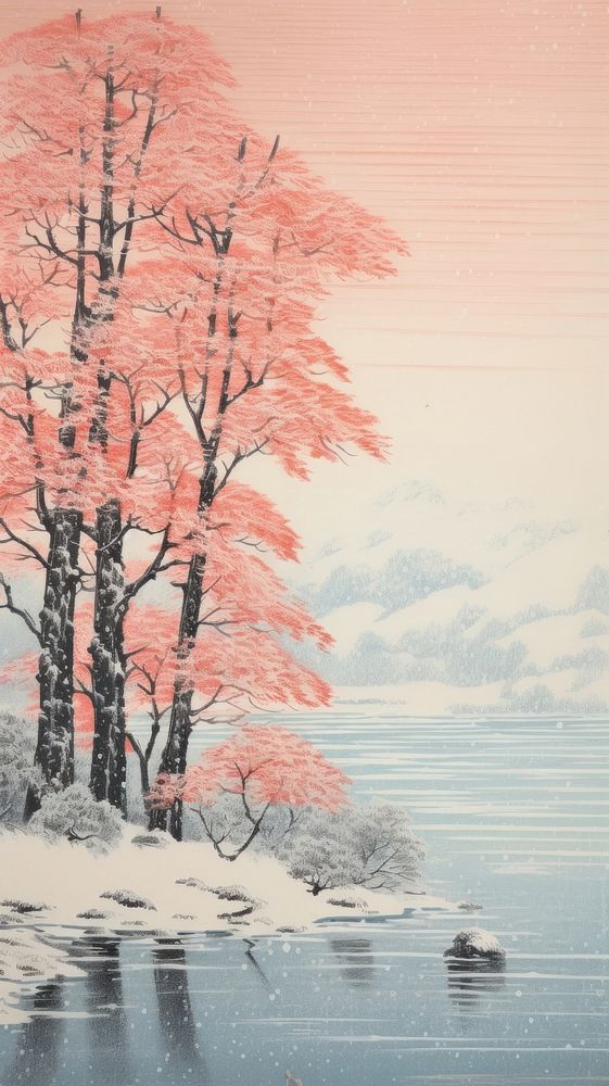 Illustration of frozen lake outdoors painting nature.