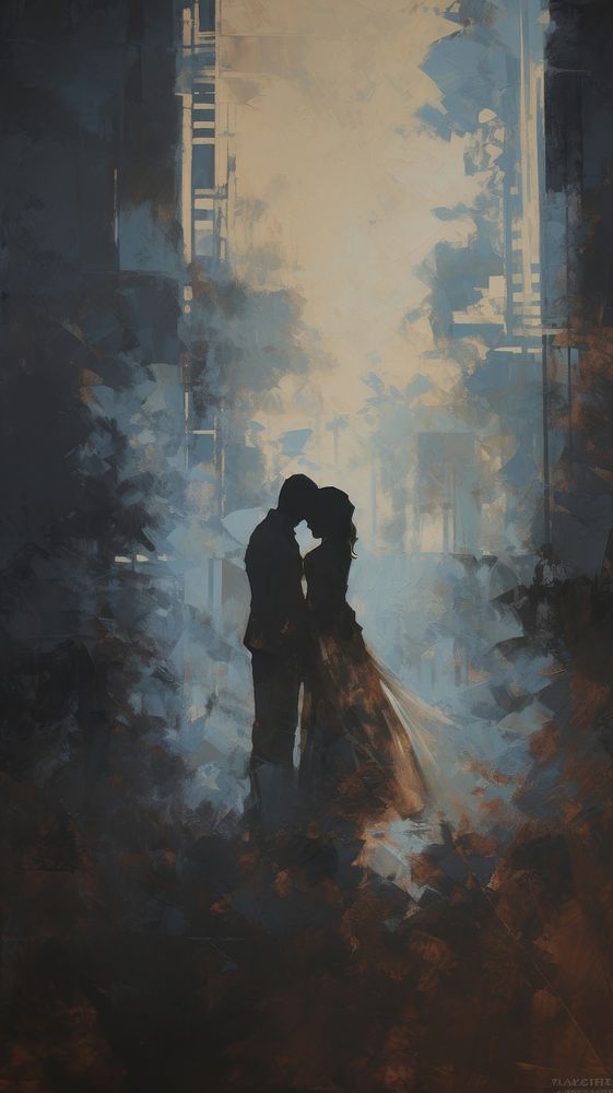 Acrylic paint of Couple adult smoke affectionate.