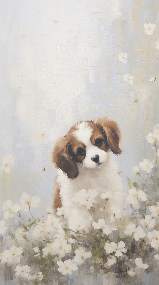 Cute puppy wallpaper flower art painting.