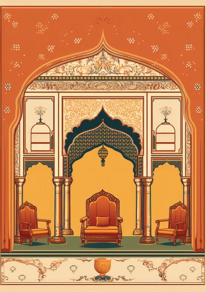 Indian traditional mughal pichwai art architecture furniture throne.