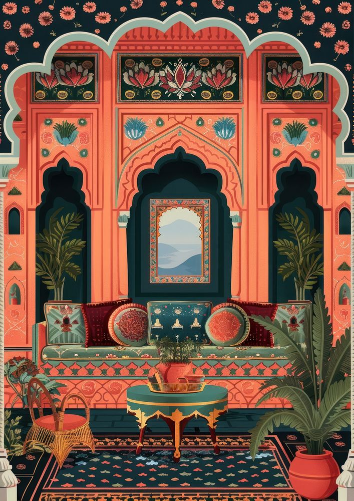 Indian traditional mughal pichwai art architecture tapestry painting.