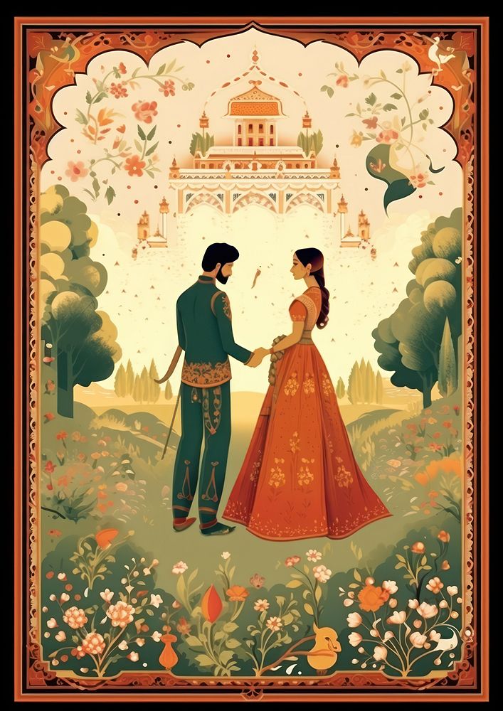 Indian traditional mughal pichwai art poster adult bride.