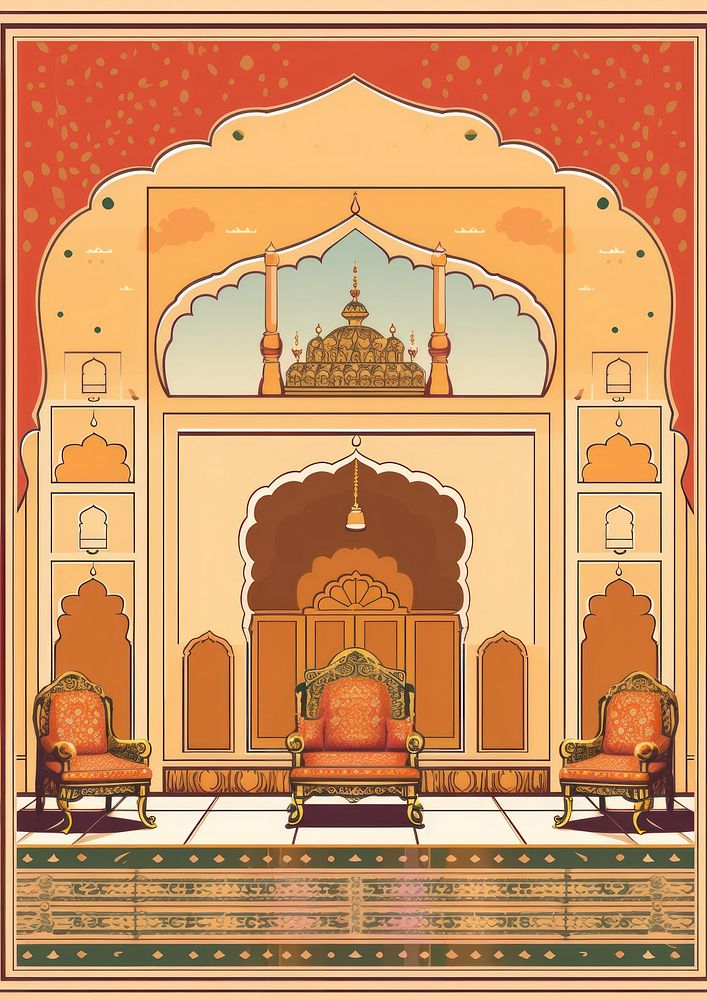Indian traditional mughal pichwai art architecture building throne.