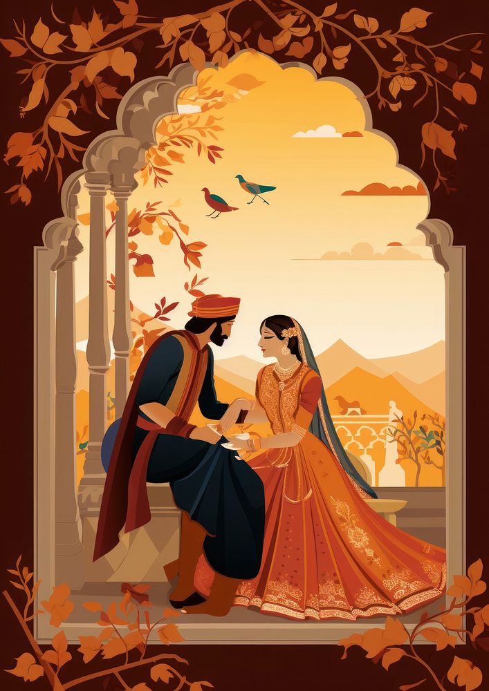 Indian traditional mughal pichwai art adult bride togetherness.