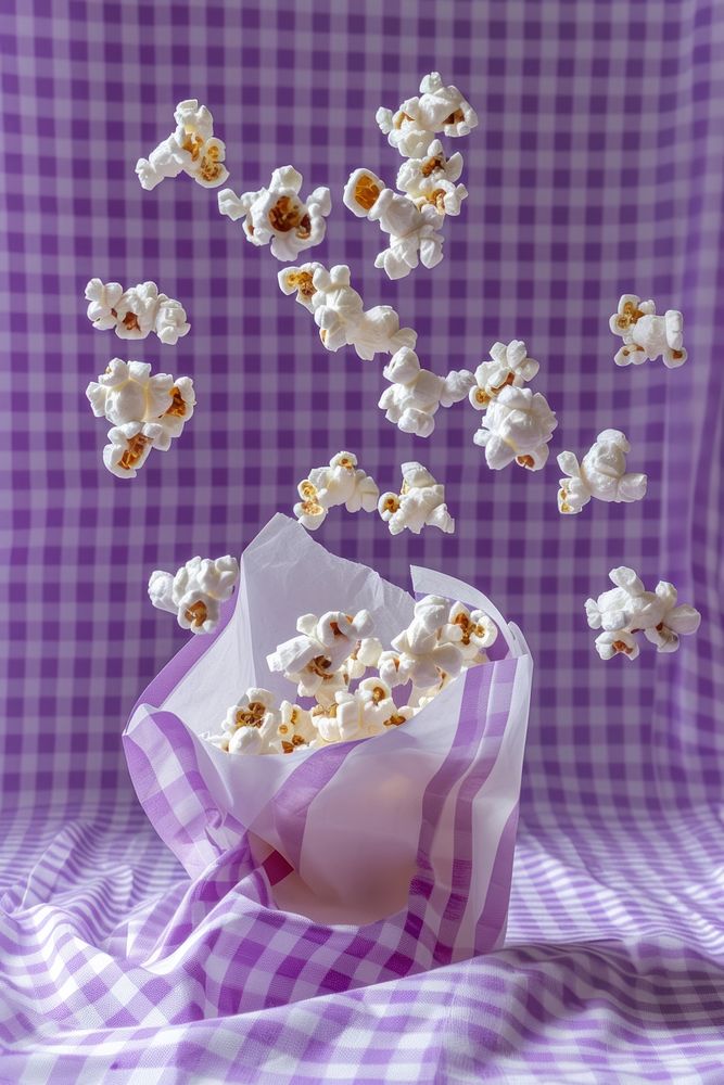 Photo of 5 popcorns purple snack white.