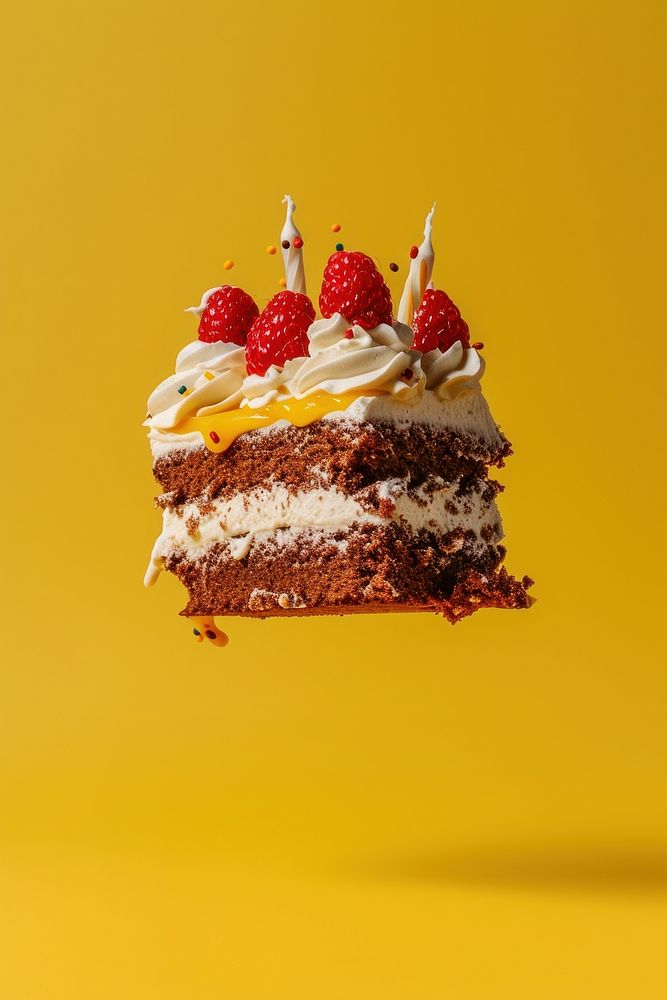Photo of piece birthday cake raspberry dessert yellow.