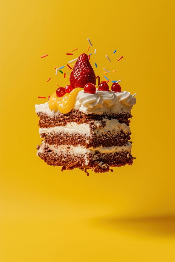 Photo of piece birthday cake dessert yellow cream.