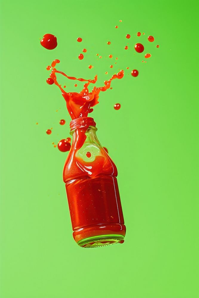 Photo of tomato ketchup bottle green refreshment splattered.