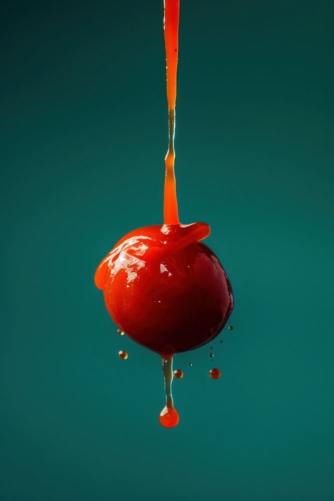 Photo of tomato ketchup freshness splashing hanging.