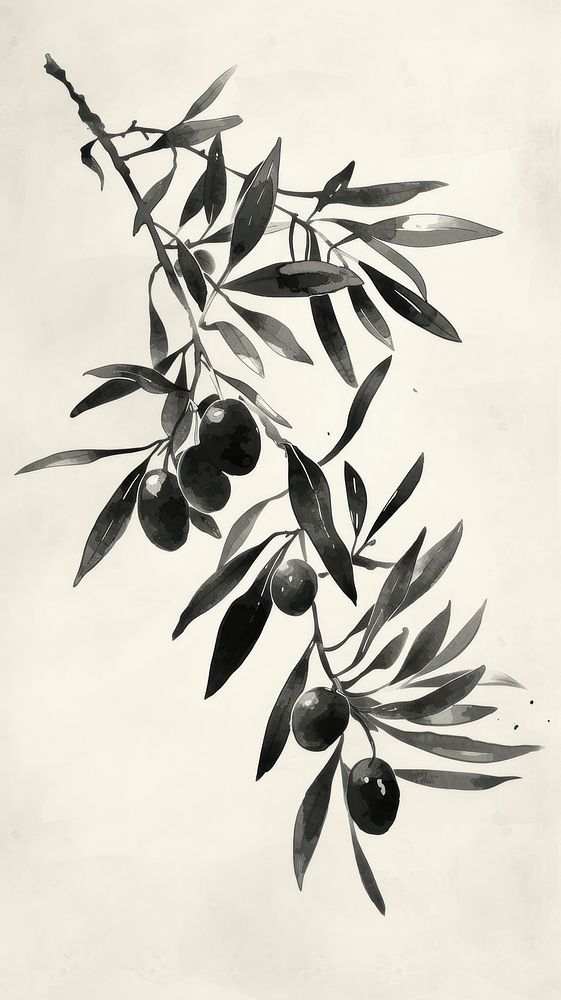 Ink painting minimal of olive drawing sketch plant.