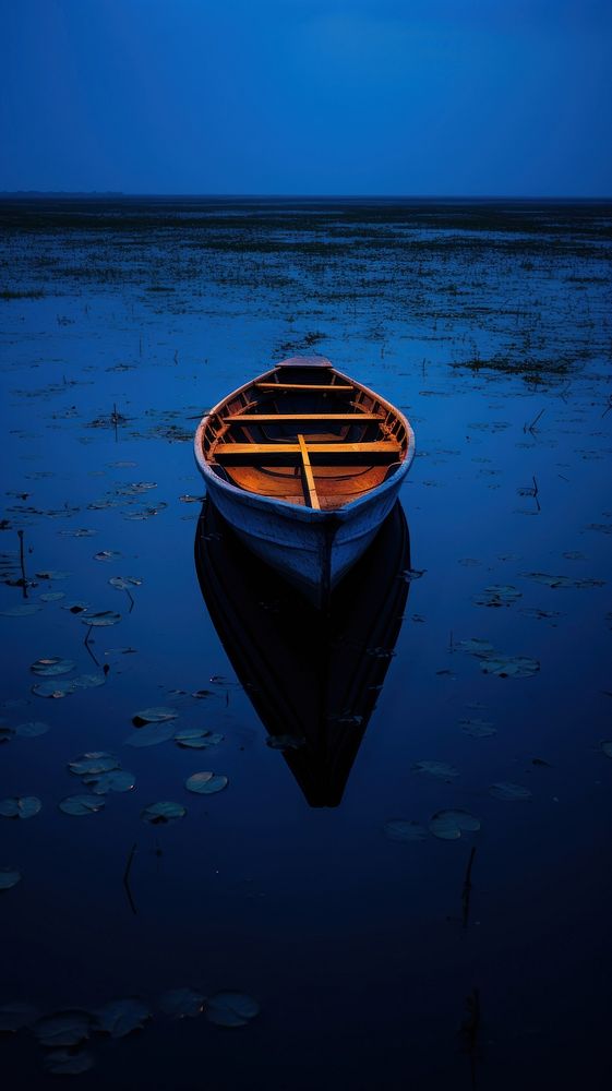 Dark blue backwater topview midnight vehicle rowboat transportation.
