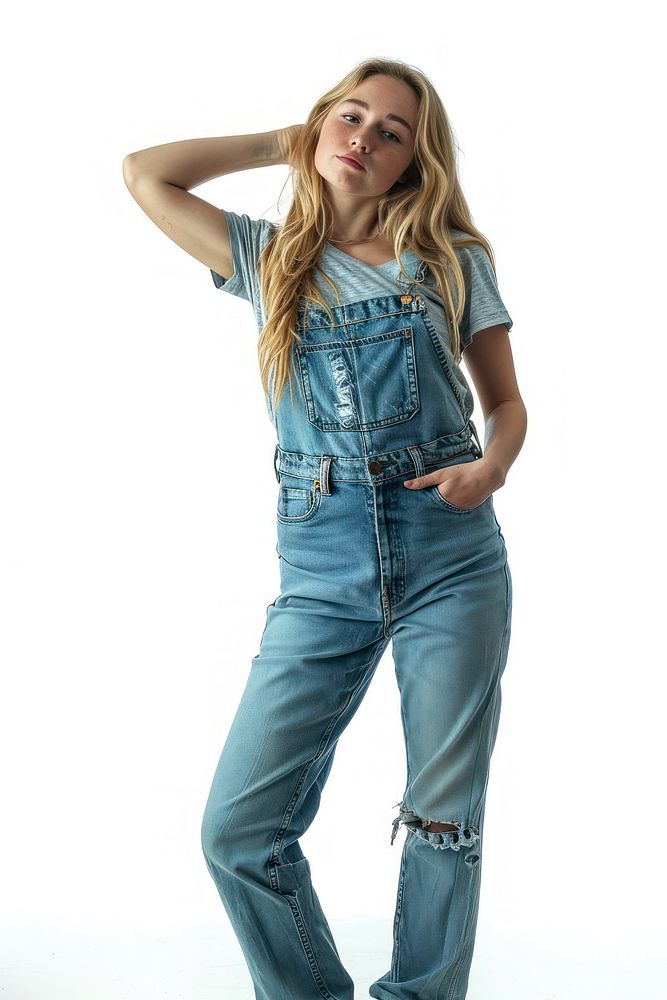 A pretty blonde at a county fair posing in a pair of micro overalls denim jeans white background.