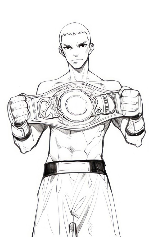 Boxer raise up championship belt sketch drawing cartoon.