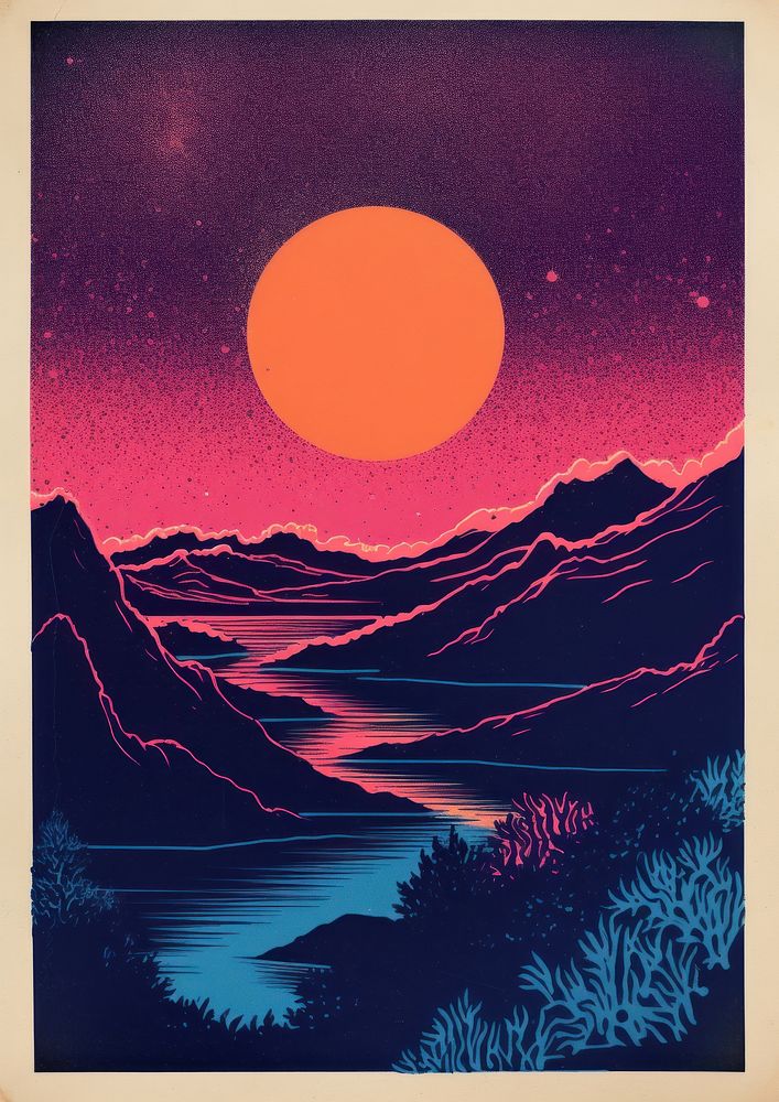 Tarot card Risograph style landscape astronomy outdoors.