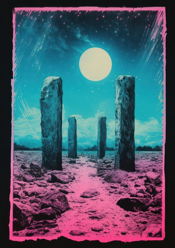 Tarot card Risograph style astronomy outdoors nature.