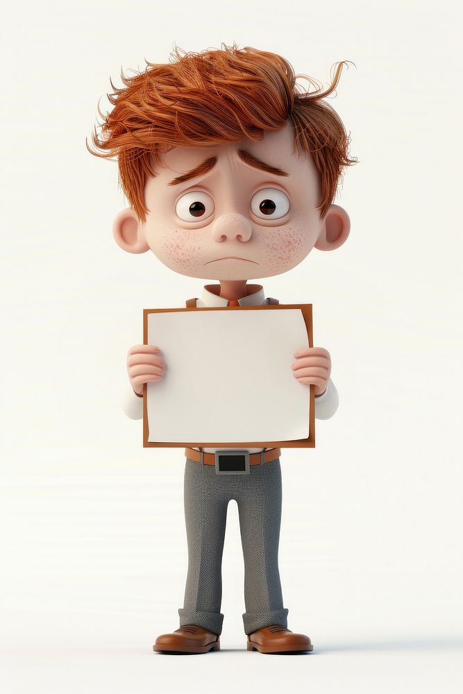 Tired office worker holding board portrait standing cartoon.