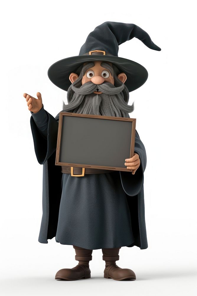 Wizard holding board portrait standing costume.