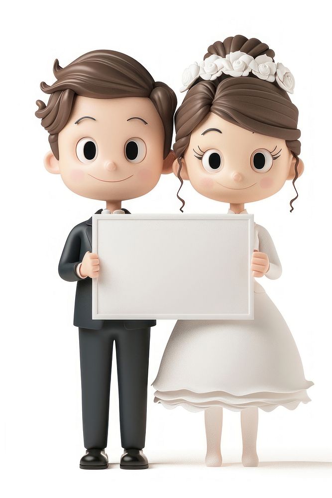 Bride and groom holding board standing person face.