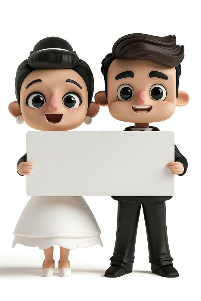 Bride and groom holding board person doll face.