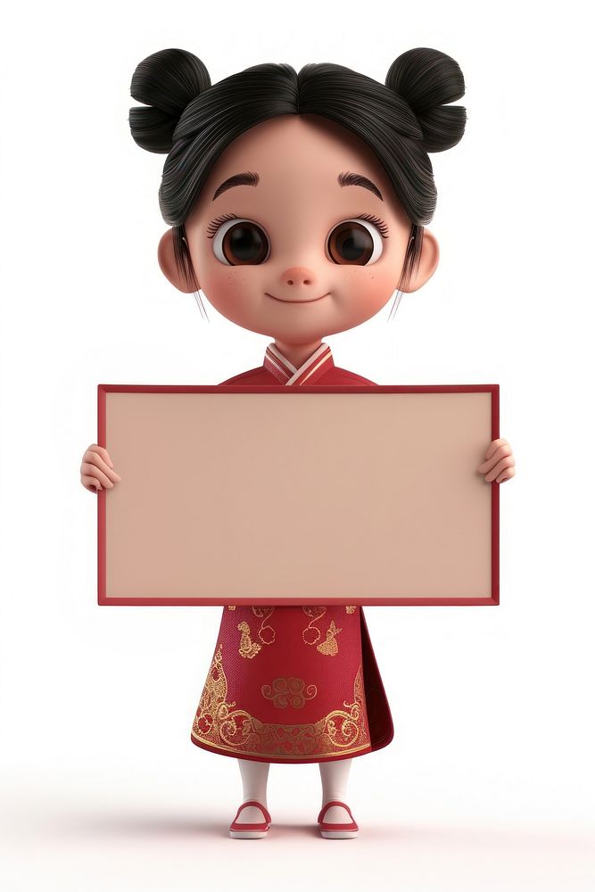 Chinese dress holding board standing person cute.