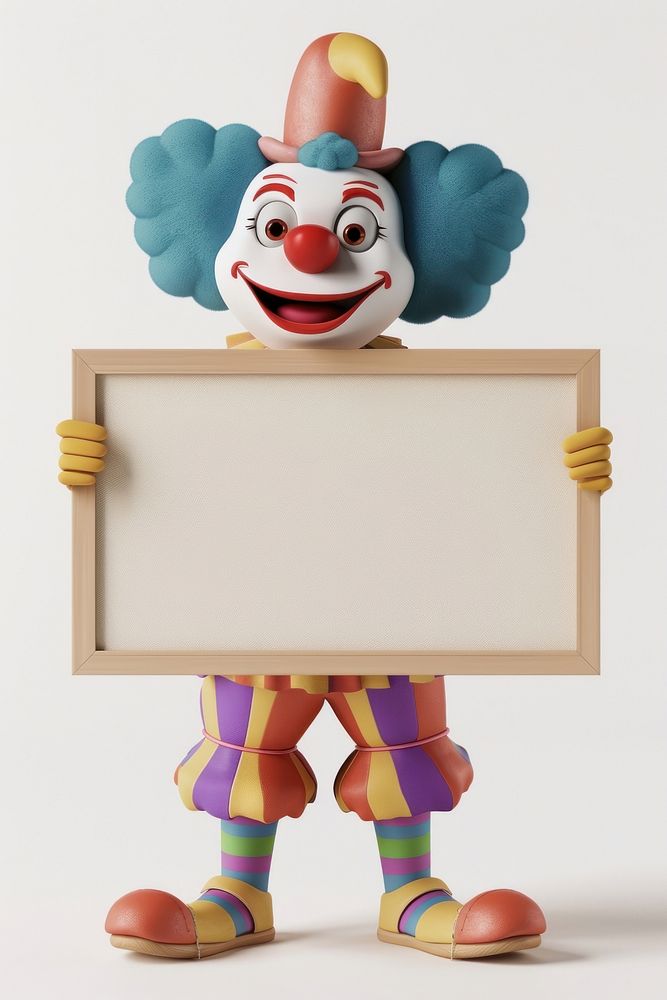 Clown holding board person face representation.
