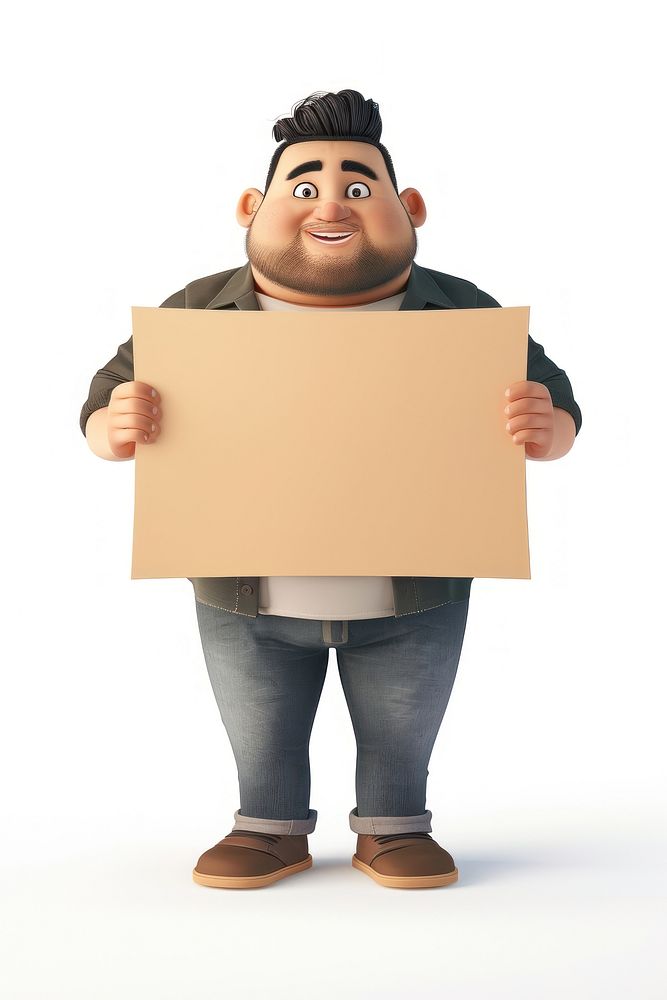 Fat man holding board cardboard portrait standing.