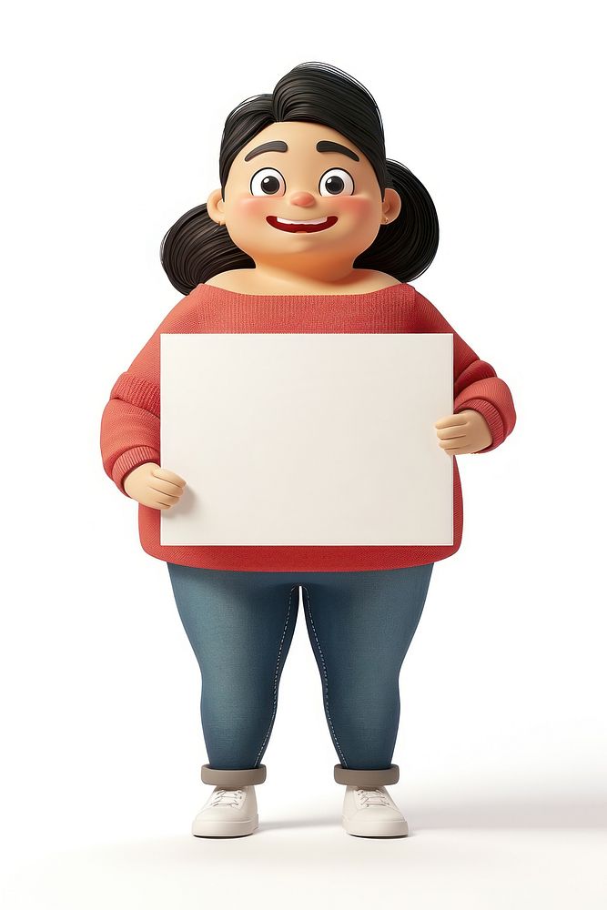Fat woman holding board standing person white background.