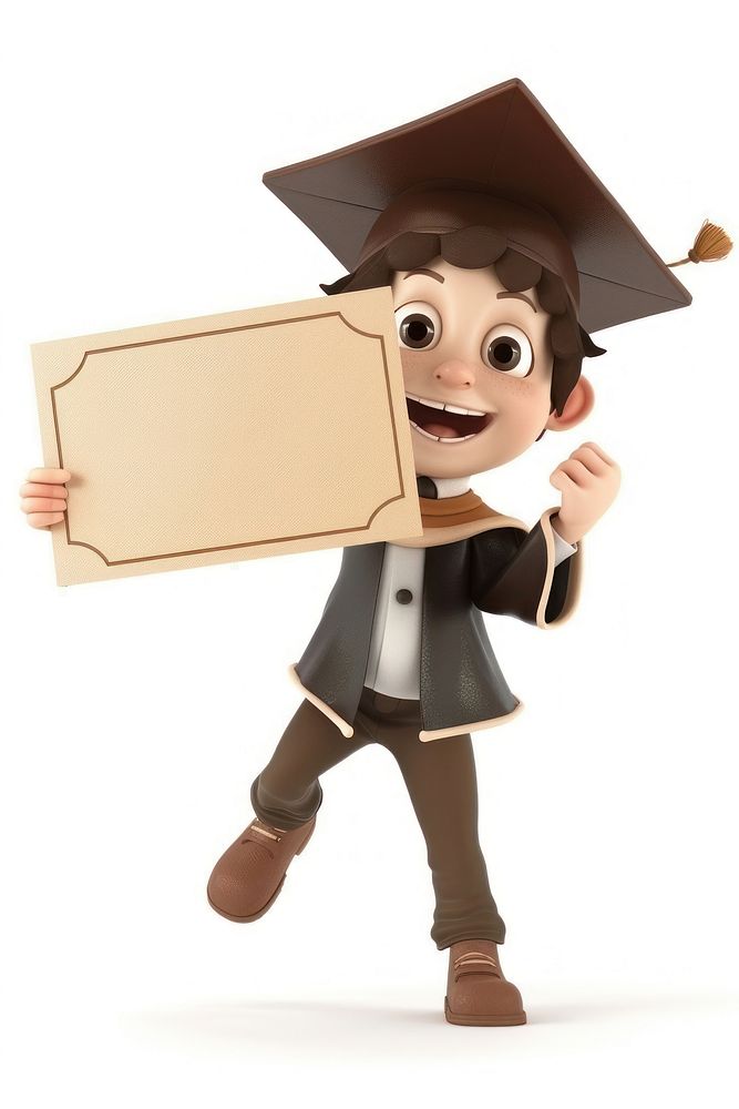 Graduated kid holding board graduation cardboard smiling.