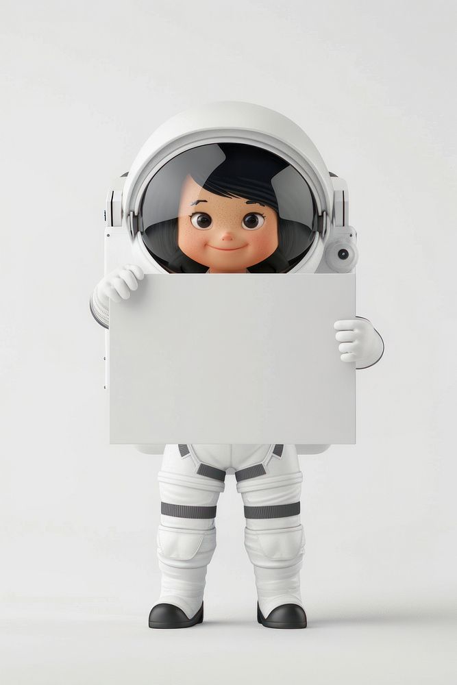 Happy astronaut holding board standing person cute.