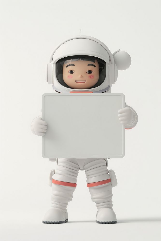 Happy astronaut holding board standing person robot.