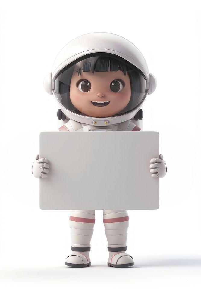 Happy astronaut holding board person cute face.