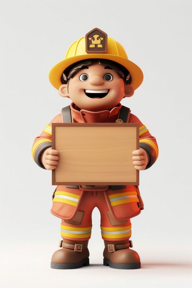Happy firefighter holding board standing helmet person.