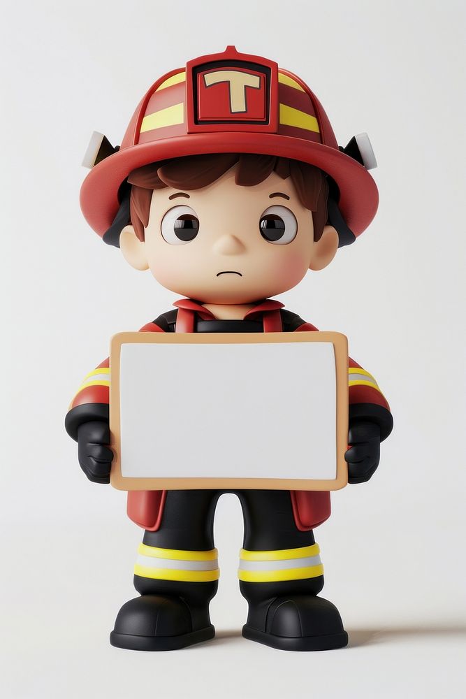 Happy firefighter holding board helmet person face.