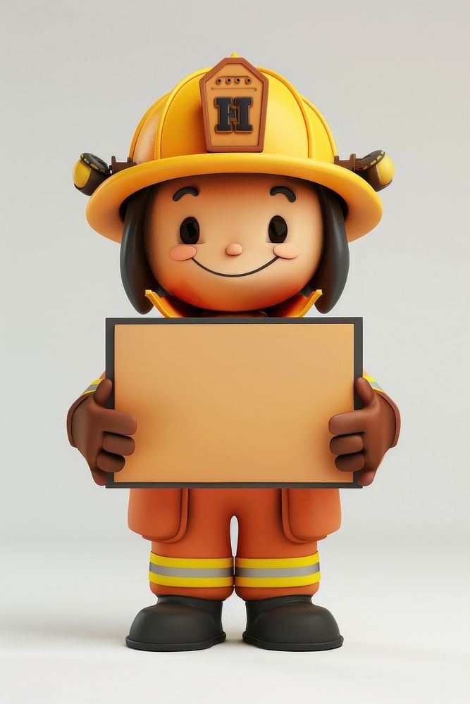 Happy firefighter holding board standing hardhat helmet.