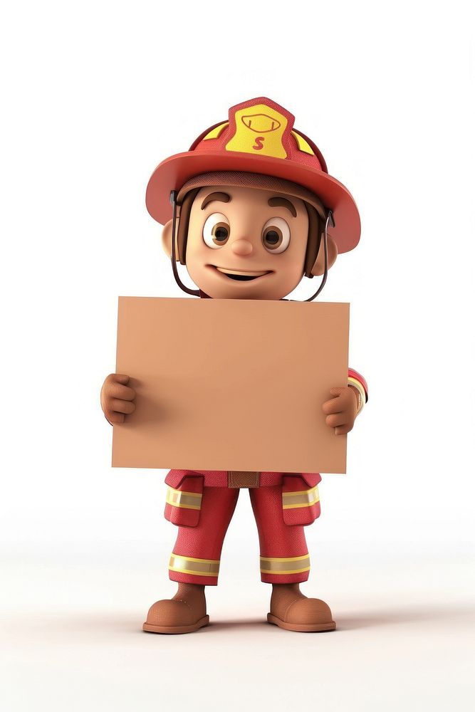 Happy firefighter holding board standing person cute.