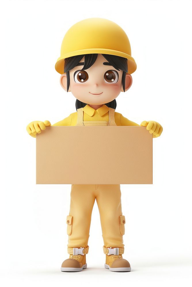 Happy handyman holding board standing hardhat helmet.