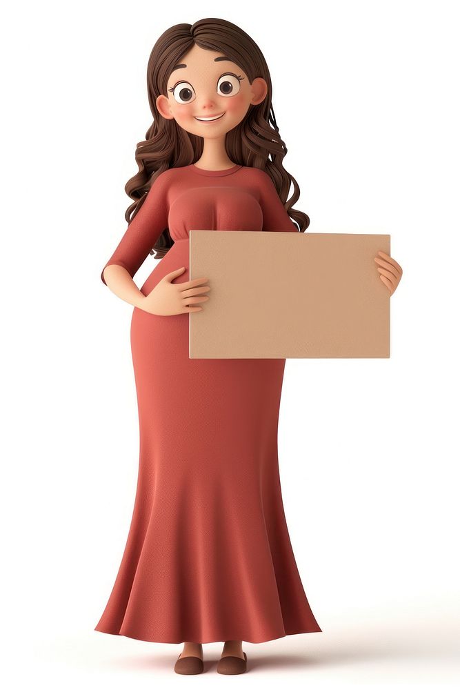 Happy pregnant holding board dress cardboard standing.