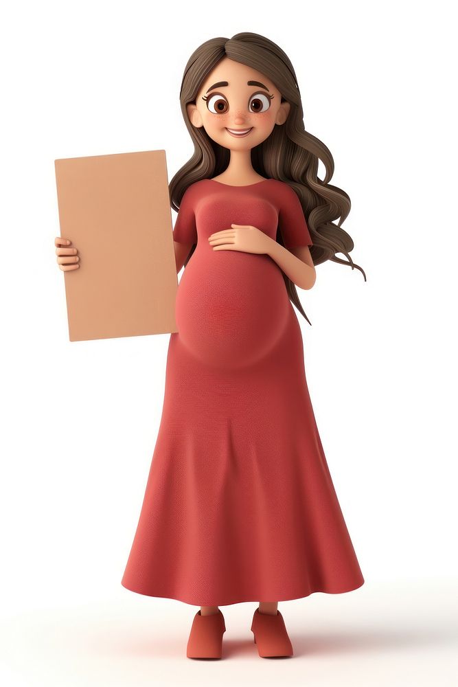Happy pregnant holding board dress figurine standing.